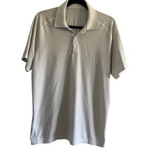 Lululemon Metal Vent Tech Polo Shirt Men’s Large White Gray Stripe Stretch -EUC